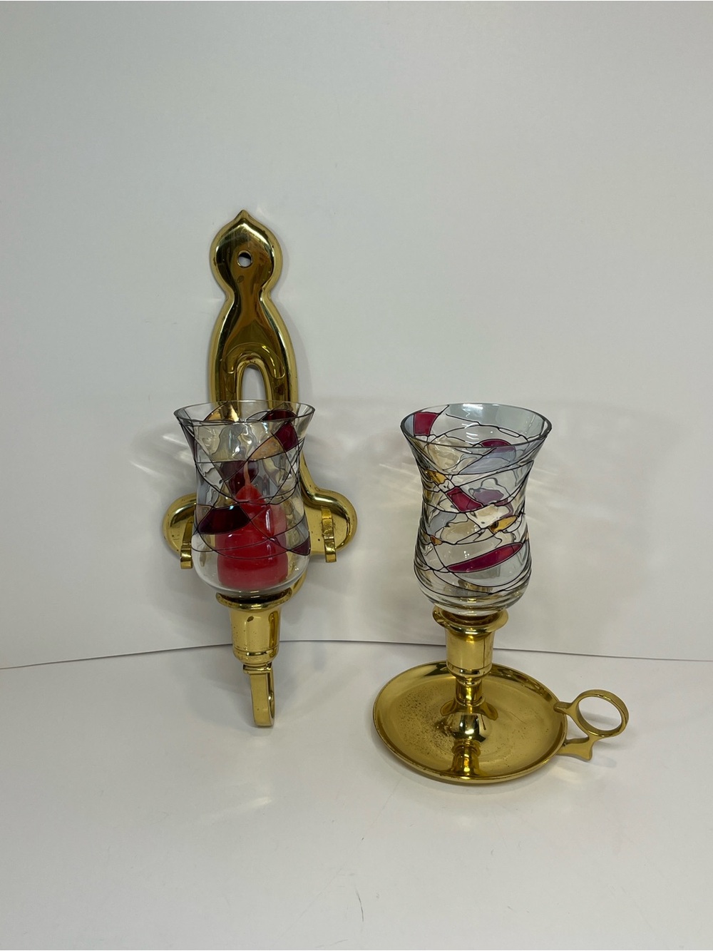 Vtg Party-Lite Mosaic Calypso Peglite Brass Finger Loop Chamberstick Wall Sconce
